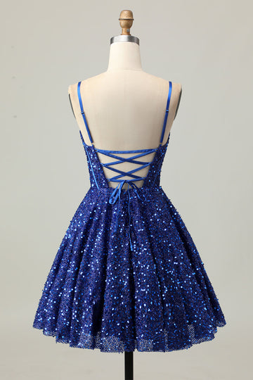 Sparkly Dark Blue A Line Corset Sequins Homecoming Dress